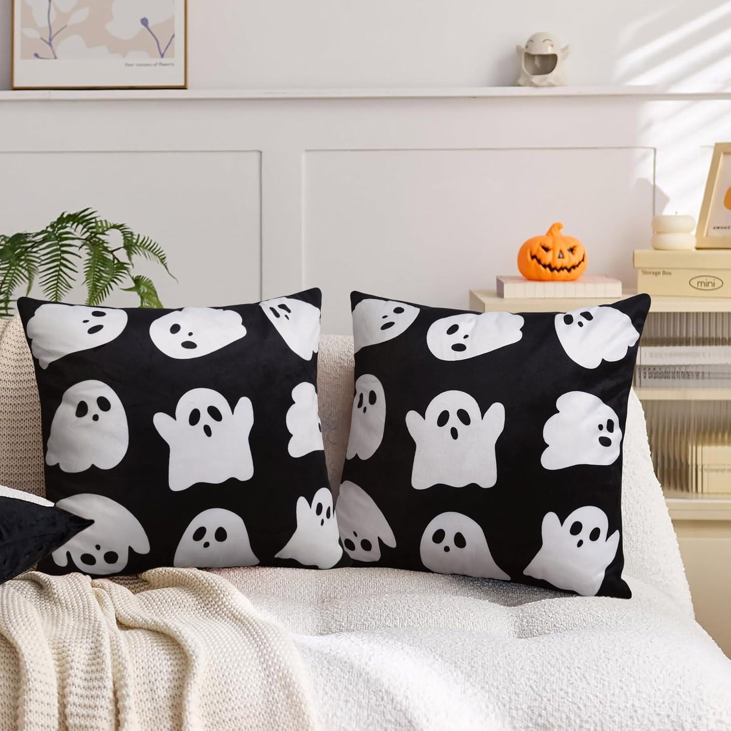 JASEN Halloween Ghost Pillow Covers 18x18 Inch Soft Faux Fur Decorative Pillowcases for Sofa Couch Bed Living Room Home Decor Set of 2