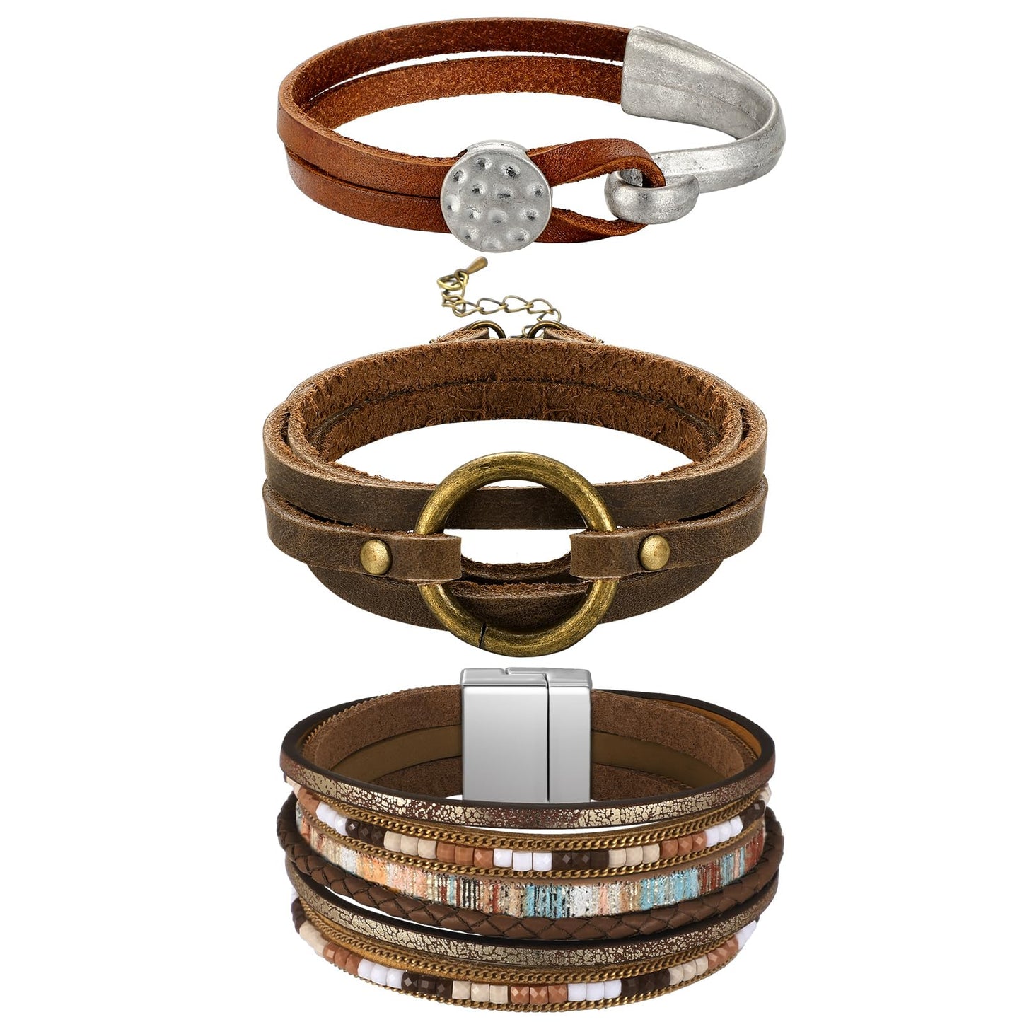 Inbagi 3 Pcs Western Jewelry for Women Bohemian Leather Bracelets for Women Faux Leather Multi Layered Wrap Bracelets Wristbands Cuff Boho Splicing Bangle Mens