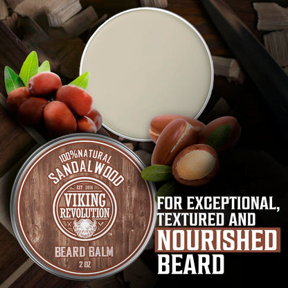 Viking Revolution Sandalwood Beard Balm for Men (2oz) and Sandalwood Beard Oil (1 fl oz) Bundle - With Argan and Jojoba Oils - Soften and Moisturize - Stocking Stuffers for Men
