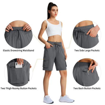 Hugut Women's 9" Hiking Cargo Shorts Quick Dry Lightweight Summer Shorts for Camping Travel Golf 6 Pockets Dark Grey