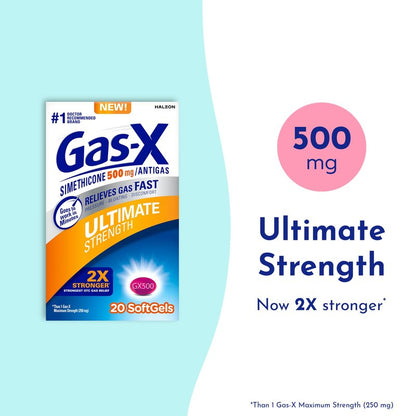 Gas-X Ultimate Strength Gas Relief Softgels with Simethicone 500 mg, Fast Bloating Relief, Anti-Gas, OTC Stomach & Intestinal Gas, Easy to Swallow, 20 Count