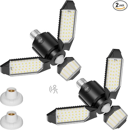 Motion Sensor Garage Lights 8000LM, Deformable Motion Activated LED Garage Ceiling Light Bulbs, 3 Modes & 360° Detection, Sensor Lights Bulb Indoor for Workshop/Barn 2-Pack