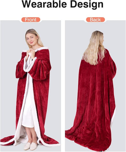 Wearable Heated Blanket with Sleeves, Electric Heated Blanket for Gifts, Electric Throw Wrap Poncho Shawl with Pockets, 6 Heating Levels & 4 Hours Time Settings, 50 x 70 Inch (Red)