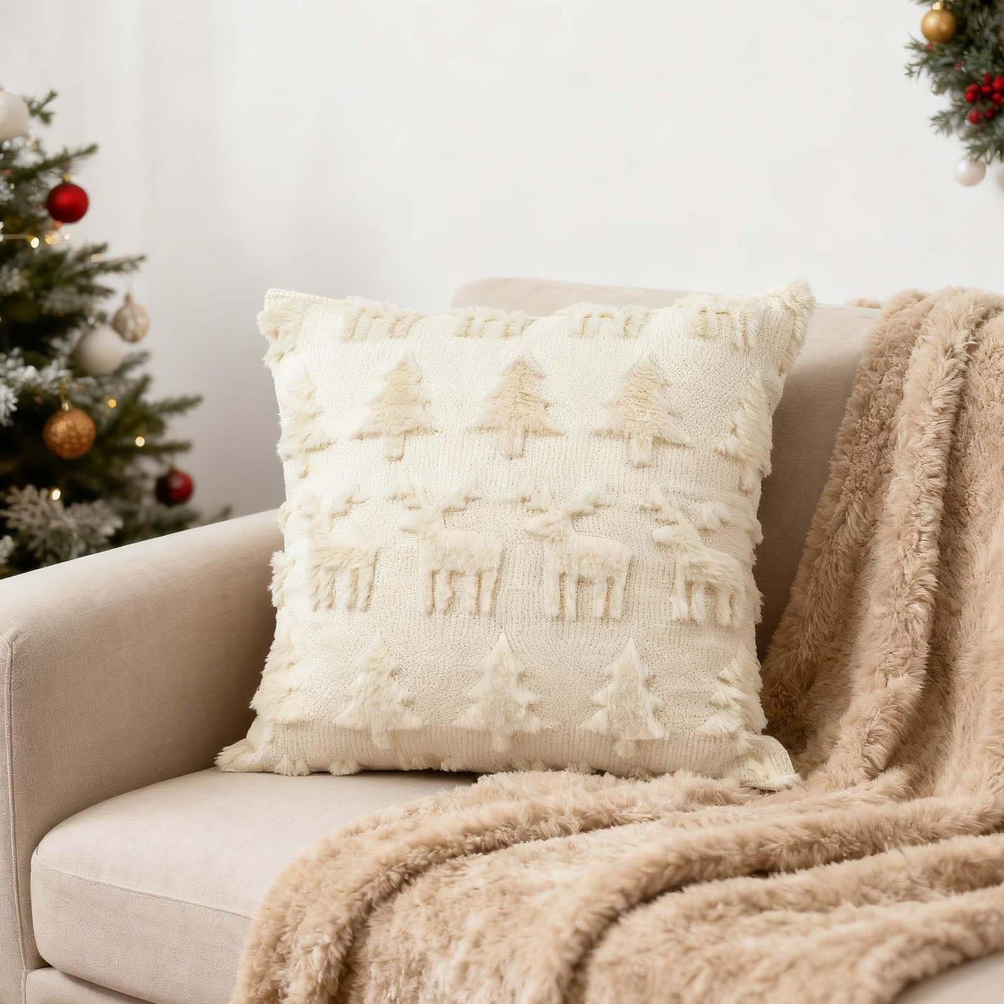 ONFAON Christmas Decorations - Christmas Tree Elk Deer Pillow Cover 18x18 Inches Set of 2, Xmas Soft Plush Short Wool Velvet Decorative Winter Holiday Farmhouse Outdoor Cushion Cases for Sofa Couch
