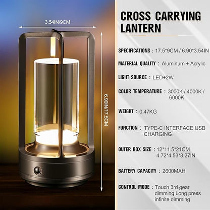 Portable Metal Table Lamp,Cordless Table Lamp, Rechargeable Battery Operated Lights, LED Table Lamps, 3 Color Stepless Dimming Touch, for Bedroom Restaurant Home Outdoor (Sliver)