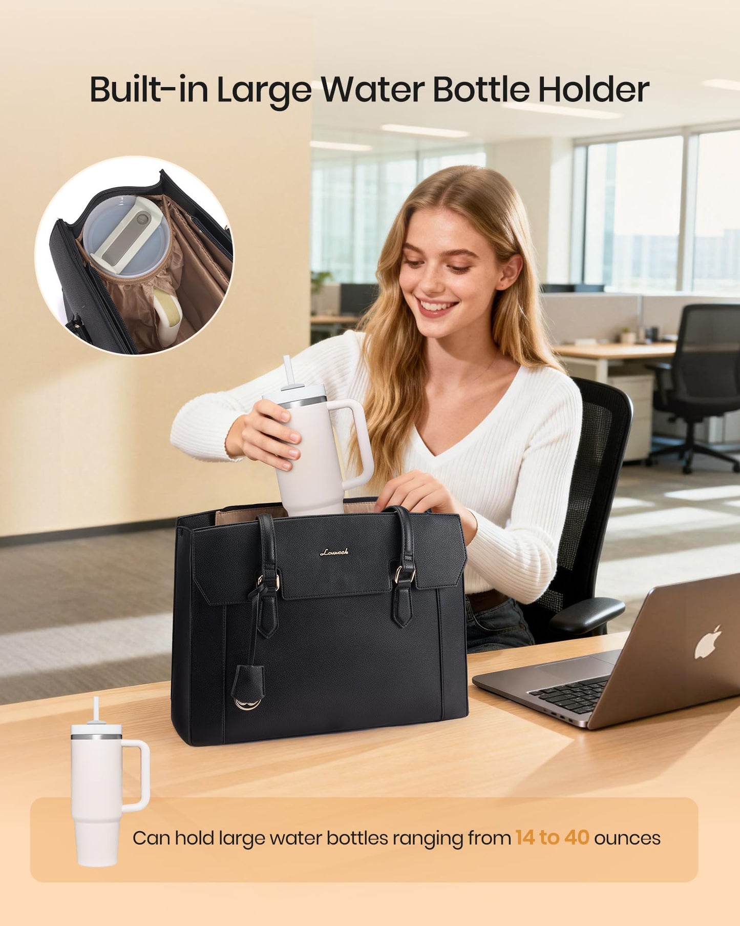 LOVEVOOK Laptop Tote Bag for Women,Computer Work Bag With Large Cup Holder,15.6 Inch Waterproof PU Leather Purse Briefcase for Teacher