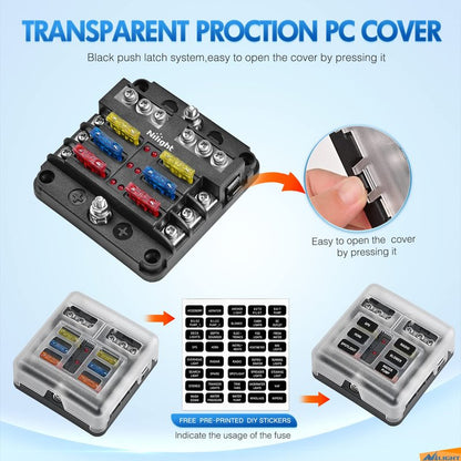 Nilight - 50055F 6 Way Blade Screw Fuse Block 6 Circuits with Negative Bus Fuse Box Holder with LED Indicator ATO/ATC Fuse Panel Waterproof Cover for 12V Automotive Cars Marine Boats RVs Trailers
