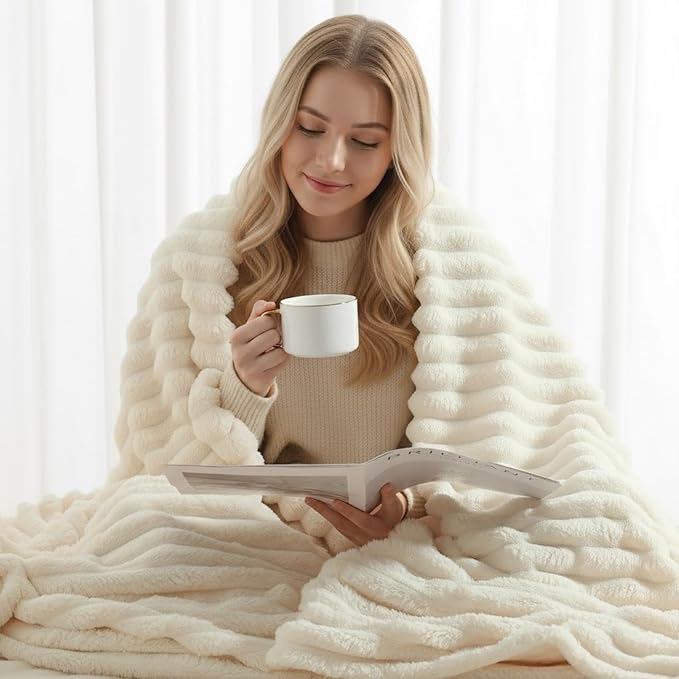decorUhome Soft Fleece Cream White Twin Blanket for Bed, Cozy Fluffy Plush Flannel Striped Throws for Couch Sofa, Lightweight Decorative Ribbed Fuzzy Blanket for Woman, 60x80 Inches