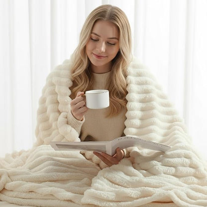 decorUhome Soft Fleece Cream White Twin Blanket for Bed, Cozy Fluffy Plush Flannel Striped Throws for Couch Sofa, Lightweight Decorative Ribbed Fuzzy Blanket for Woman, 60x80 Inches
