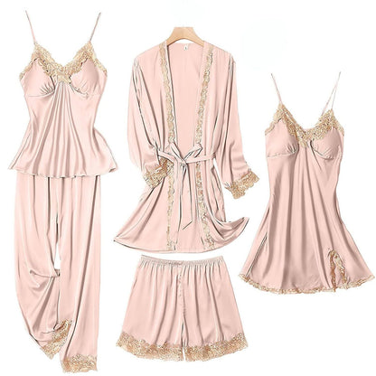 SAPJON Womens Pajama Sets 5PCS Silk Pajamas for women Cute Sleepwear Loungewear Satin Pajamas Sets for Women Soft