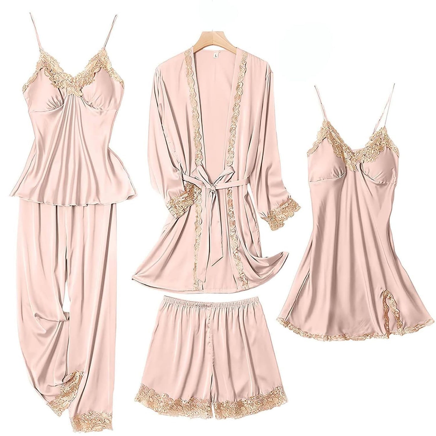 SAPJON Womens Pajama Sets 5PCS Silk Pajamas for women Cute Sleepwear Loungewear Satin Pajamas Sets for Women Soft