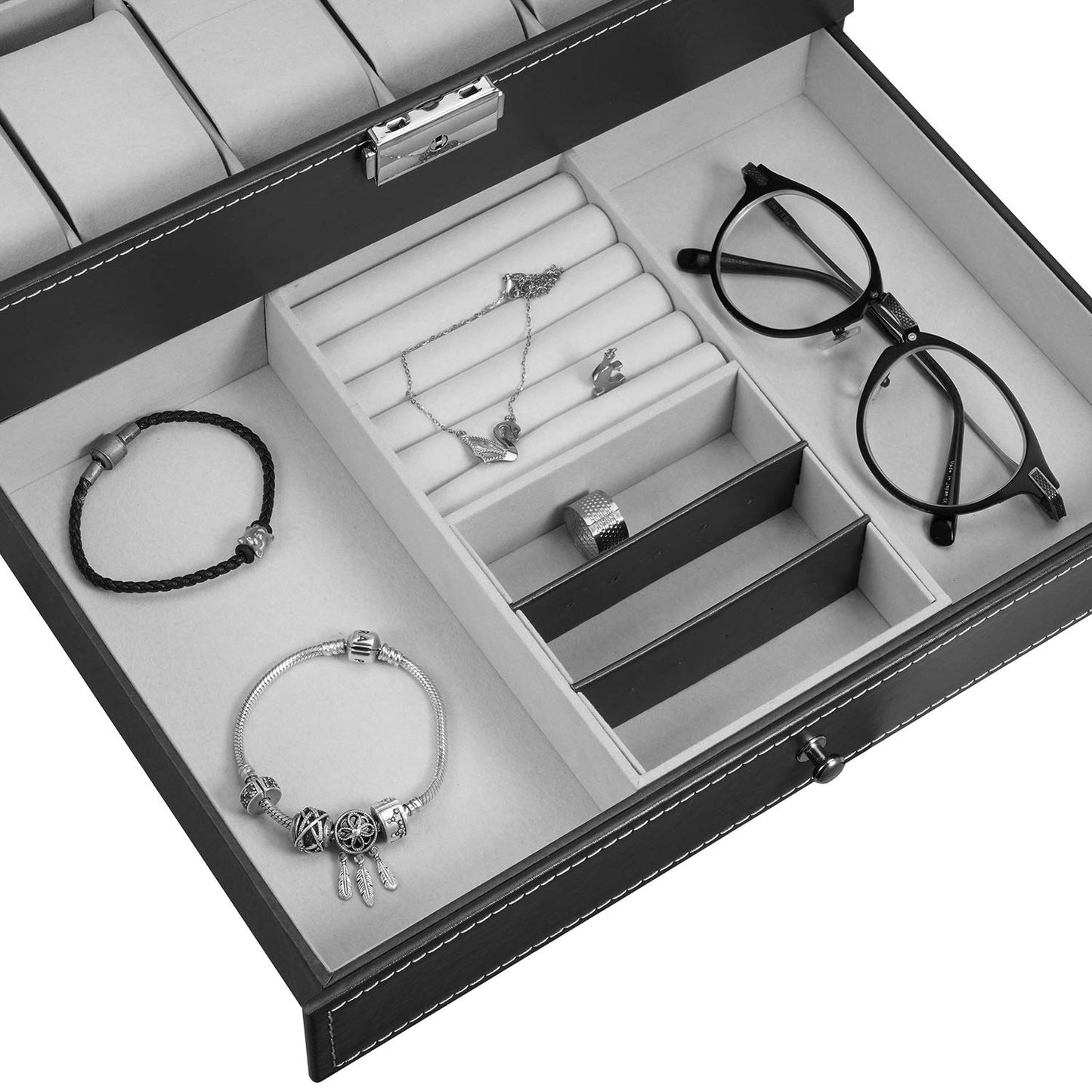 Hossejoy Leather Watch Box 12 Mens Watch Organizer with Jewelry Display Drawer Lockable Watch Case Organizer, Black