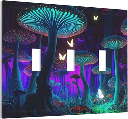 Fantasy Mushroom Forest Glowing Butterfly 3 Gang Wall Plates Decorative Triple Toggle Light Switch Cover Electrical Switchplate Unused Decorate Faceplate for Bathroom Home