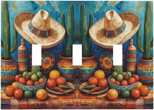 Decorative Art Light Switch Covers Mexican Sombrero & Serape Vibes 3 Gang Triple Toggle Wall Plate Decorative Switch plate Electrical Faceplate for Home Decor