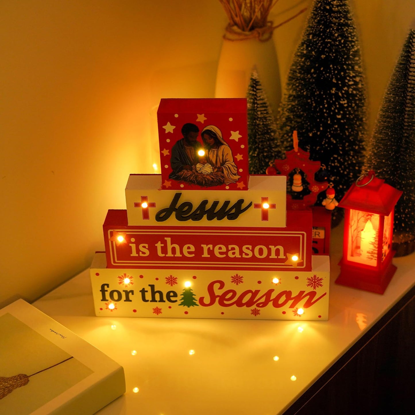 Black Santa - Led African American Christmas Decorations Jesus Is The Reason For The Season Nativity Scene Christian Wooden Sign for Table Religious Home Office Decor 9 × 9 Inch