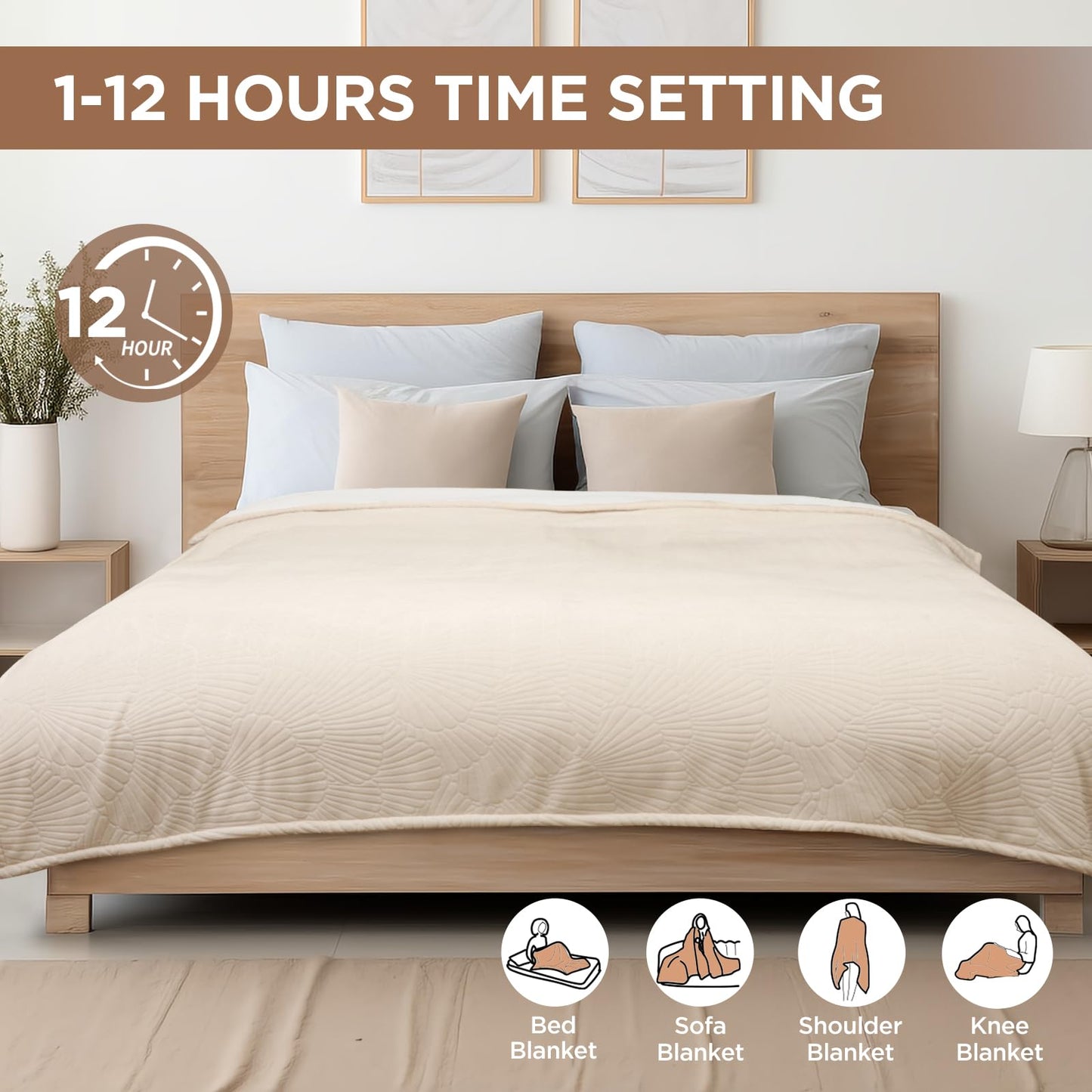 Westinghouse Heated Throw Blanket, Flower Jacquard Electric Blanket Throw with 6 Heating Levels and 2-10 Hours Auto-Off, Flannel to Sherpa Super Cozy Heated Blanket, Machine Washable (50" x 60" Beige)