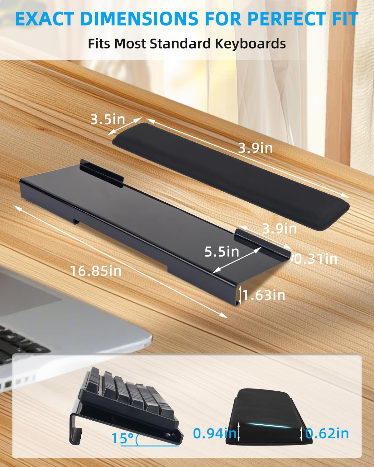 Keyboard Stand with Wrist Rest - Comfortable Wrist Pad for Easy Typing, Keyboard Tray for Office, Home, School (Fits Most Standard Keyboards) (Black)
