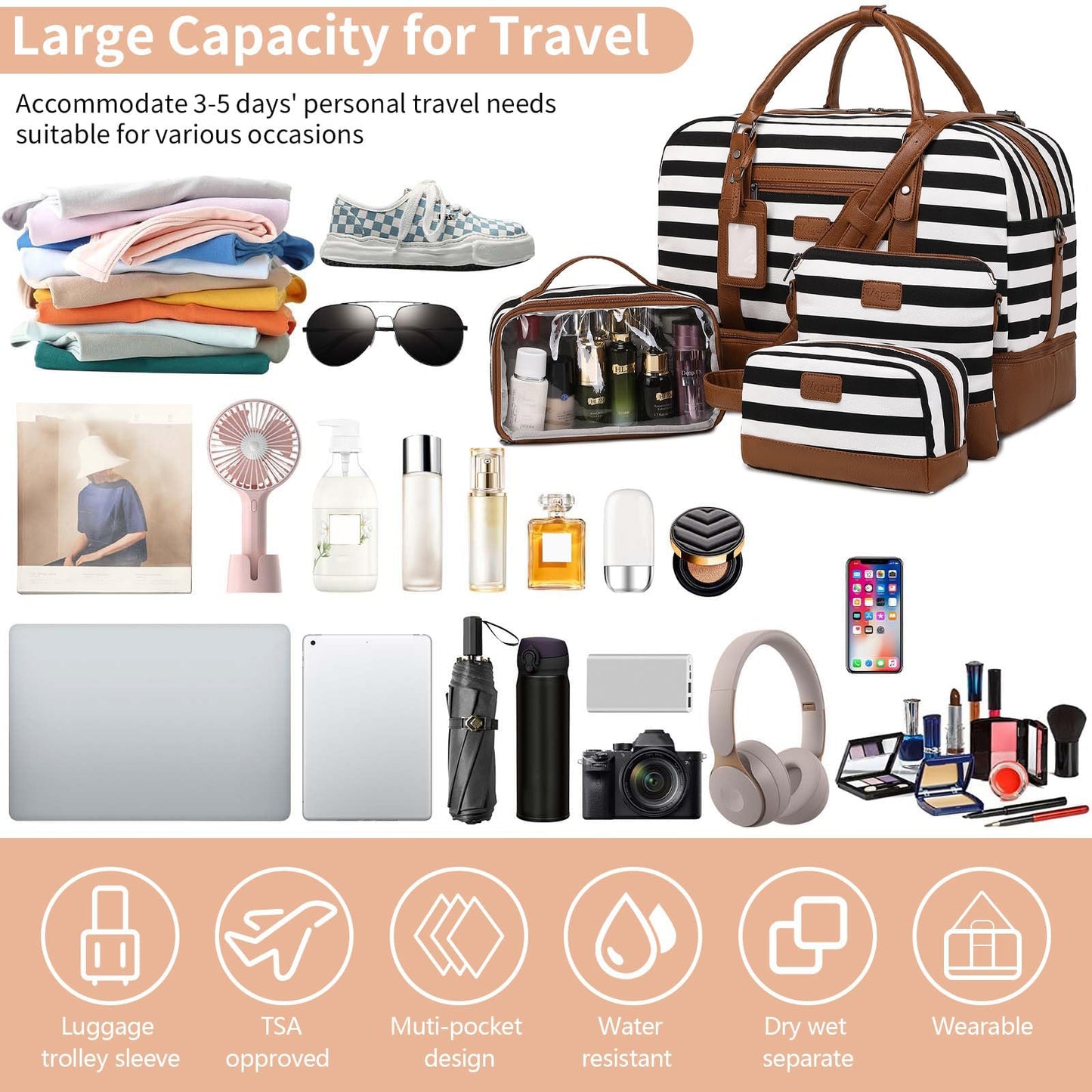 Wogarl 4PCS Weekender Bags for Women Large Overnight Bag Weekend Travel Duffel Bag Carry on Shoulder with Shoe Compartment Canvas Toiletry Bag for Travel Business Gym(Wide Black White-CH)
