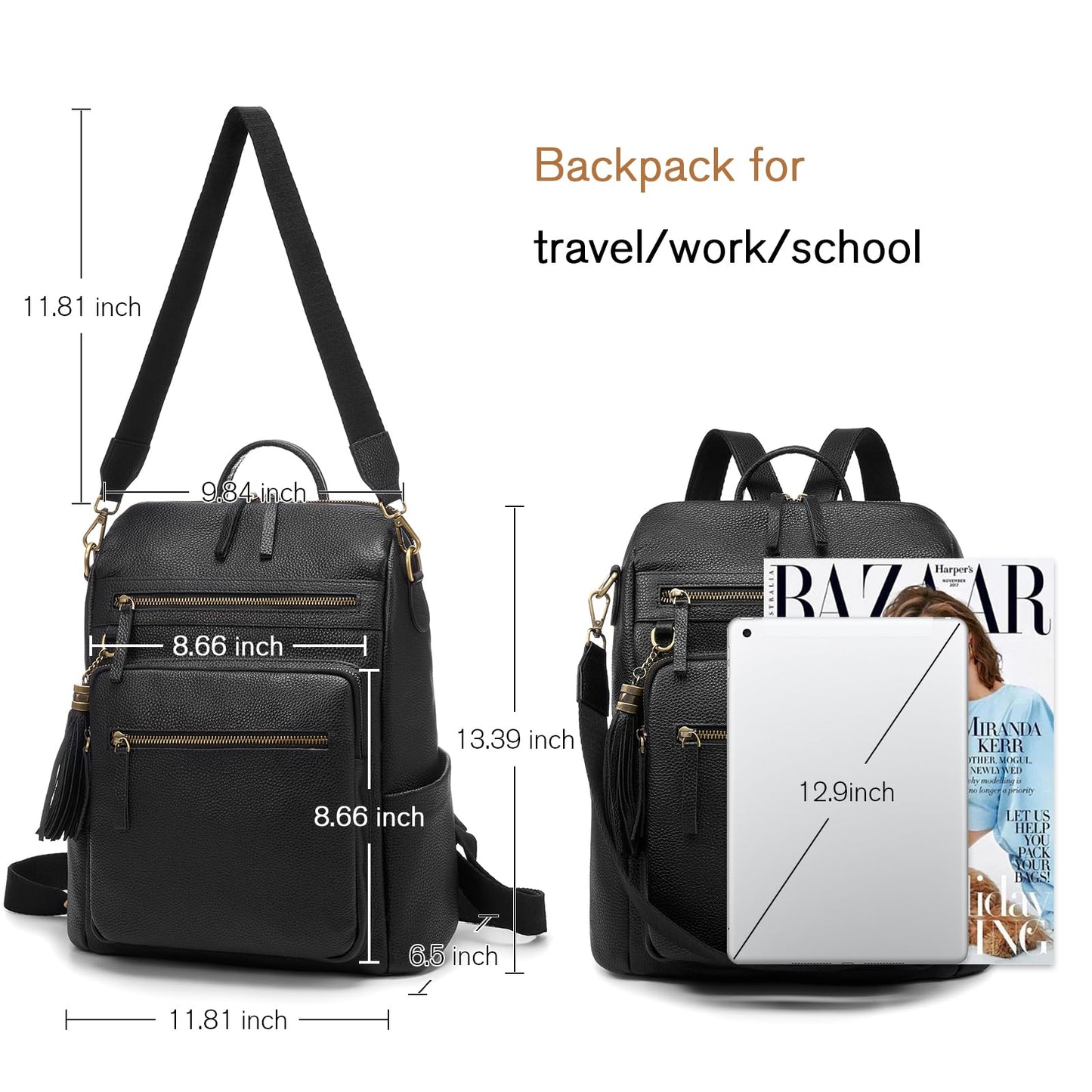 UEIRY Genuine Leather Backpack Purse for Women Convertible Shoulder Bag with Multiple Pockets for Travel Work School（Black）