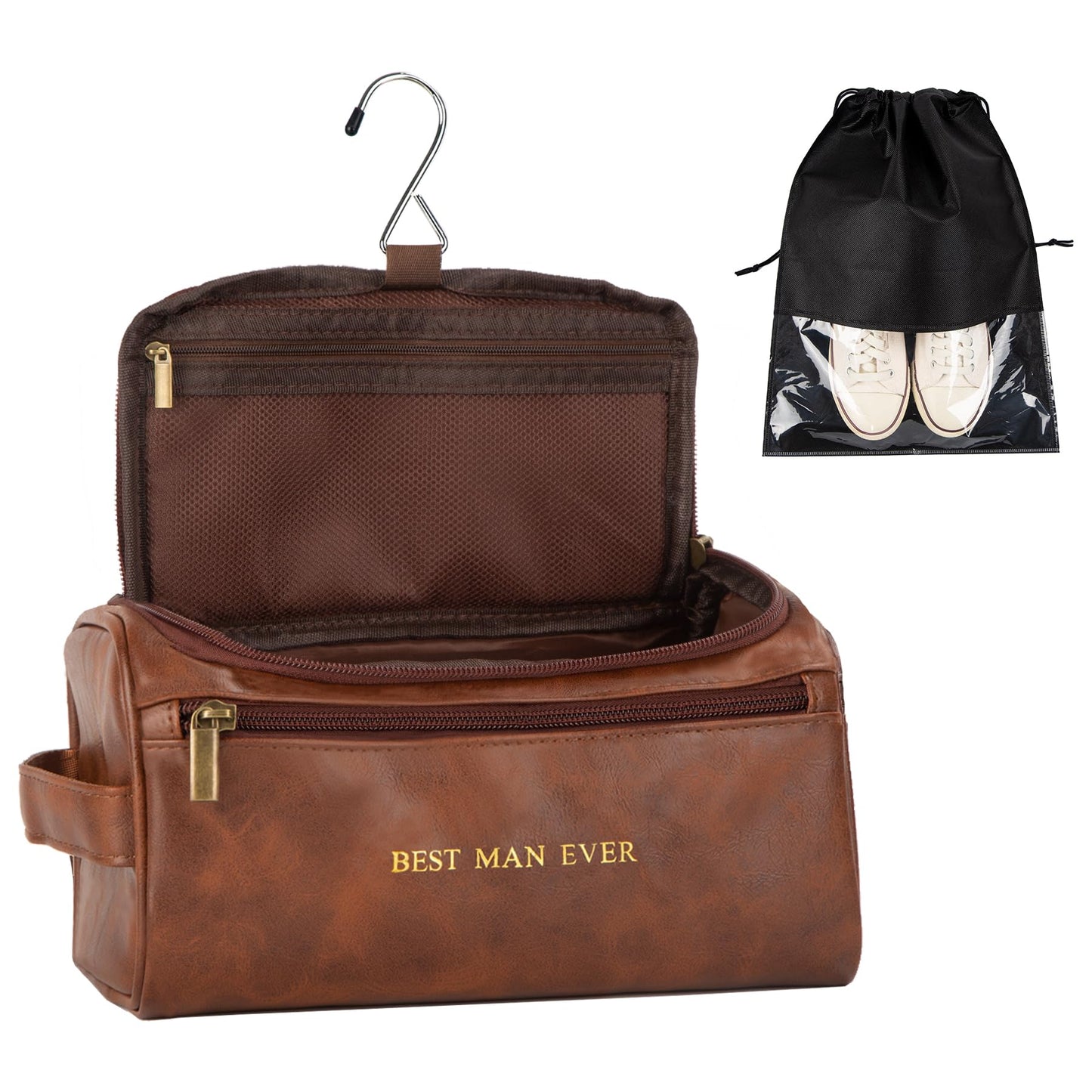 Flycalf Mens Toiletry Travel Bag Groomsmen Father Dad Mens Leather Toiletries Grooming Bag for Men Shaving Bag Hanging Water Resistant Organizer (Brown)