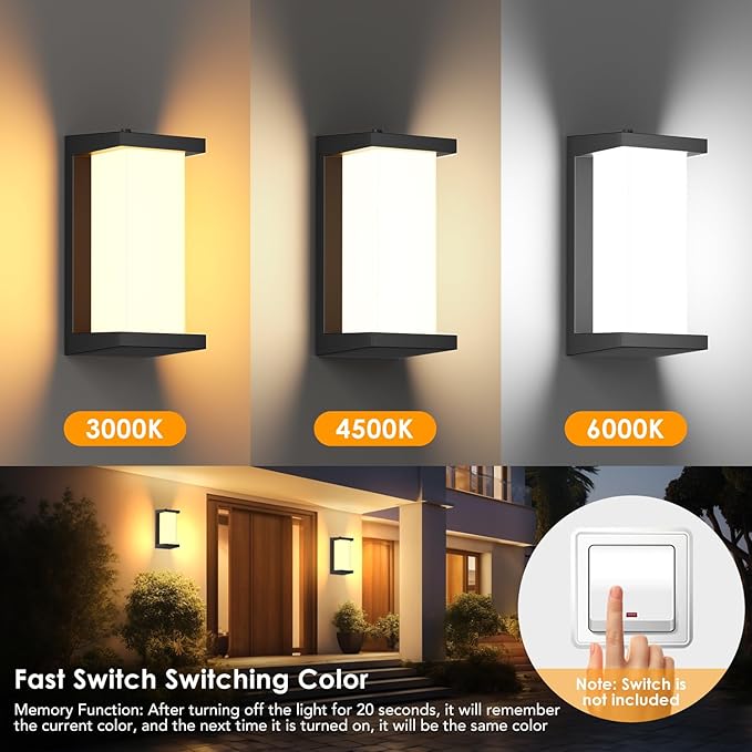 2 Pack Dusk to Dawn Outdoor Wall Lamp Porch Lights,3 Color Modern Exterior Lighting Fixtures,Outdoor Waterproof for Front Porch Light,LED Wall Mount Sensor Outside Lights for House,Garage,Yard