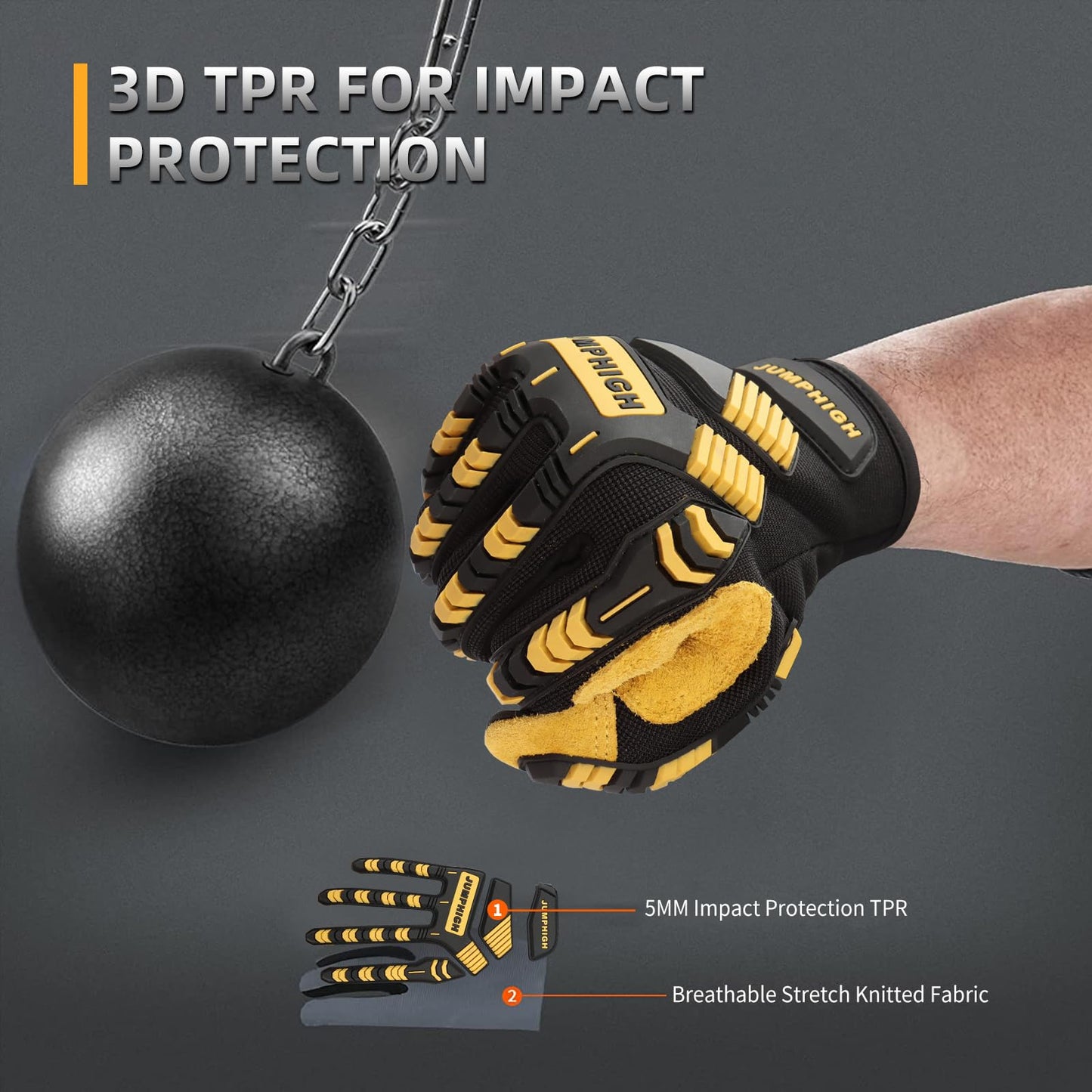 JUMPHIGH Safety Work Gloves, Synthetic Leather Impact-Resistant Heavy Duty Mechanic Gloves, Sensitive Touch Screen, Flexible Grip Gloves for Work (L)