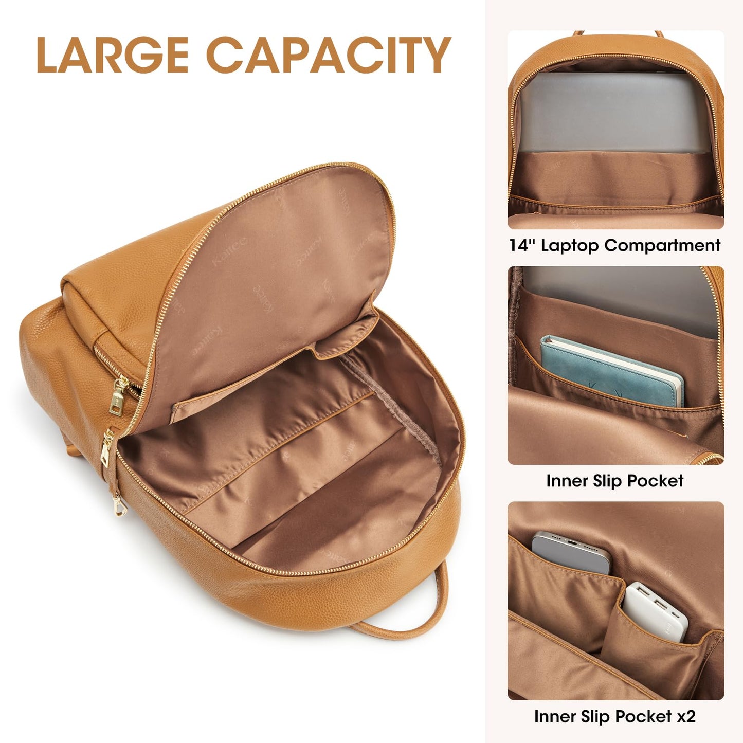 Kattee Leather Backpacks for Women,Fashion Multi-fuction Bag with Card Zipper Bag Attached at the Back for Travel Work Shopping and School, Brown