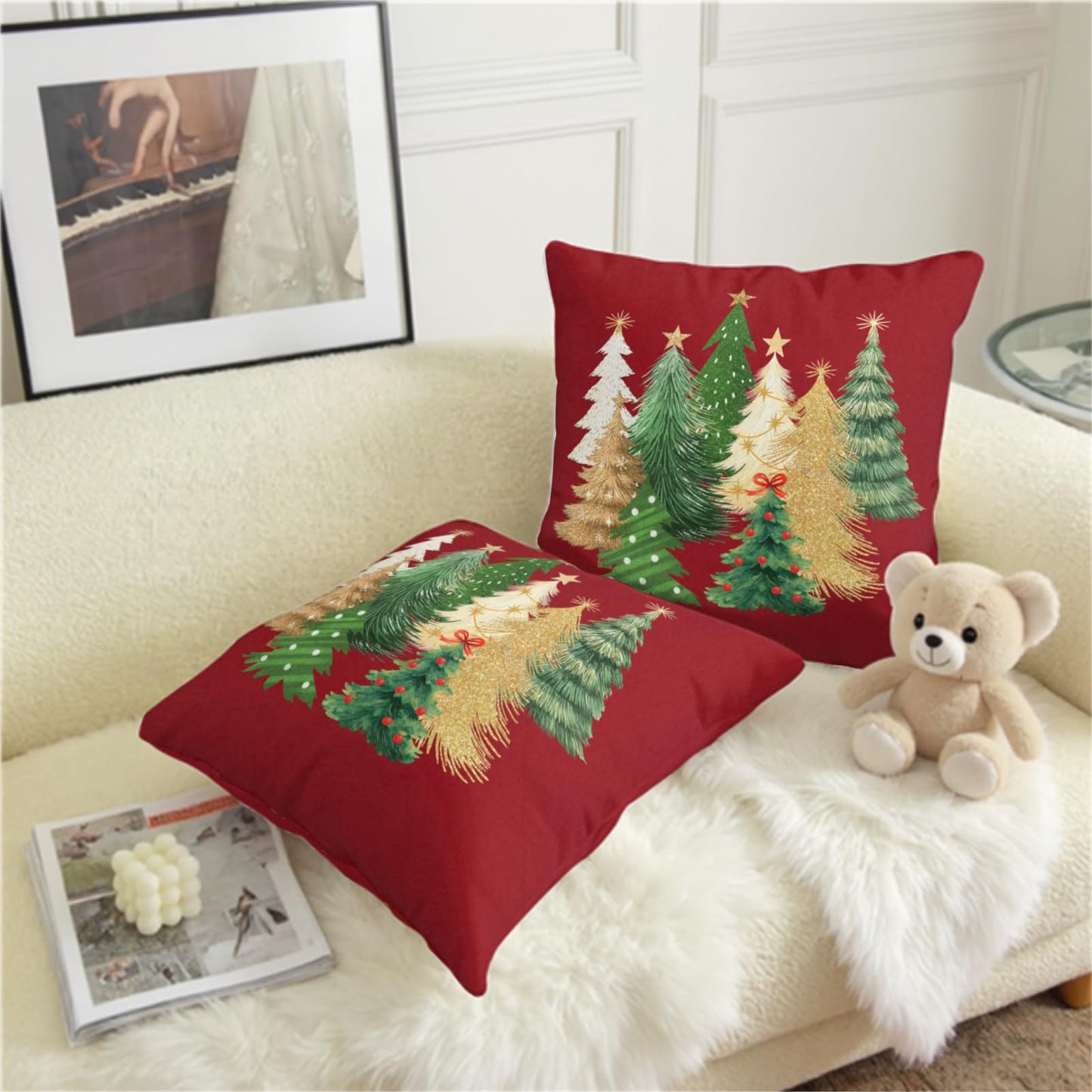 Kwlegh Red Christmas Pillow Covers 18x18 Set of 2 Gold Green Xmas Tree Pillow Case Winter Holiday Throw Pillow Covers Double Sided Printing Decorative Cushion Case for Couch Sofa