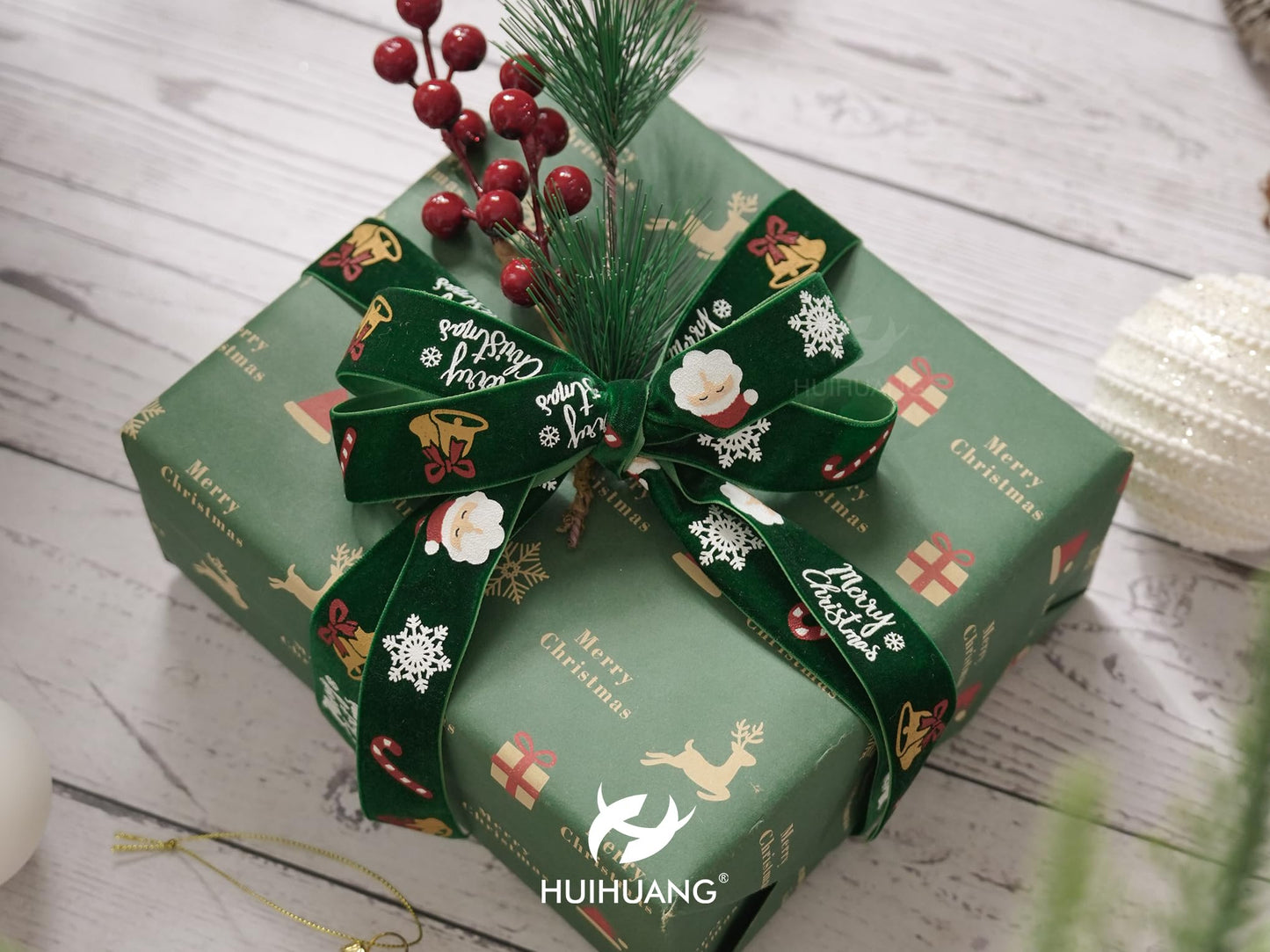 HUIHUANG Green Christmas Velvet Ribbon 1 inch Forest Green Ribbons with Merry Christmas Santa Ribbon for Gift Wrapping, Tree Ornaments, Wreaths, Garlands, DIY Crafts- Continuous 10 Yards