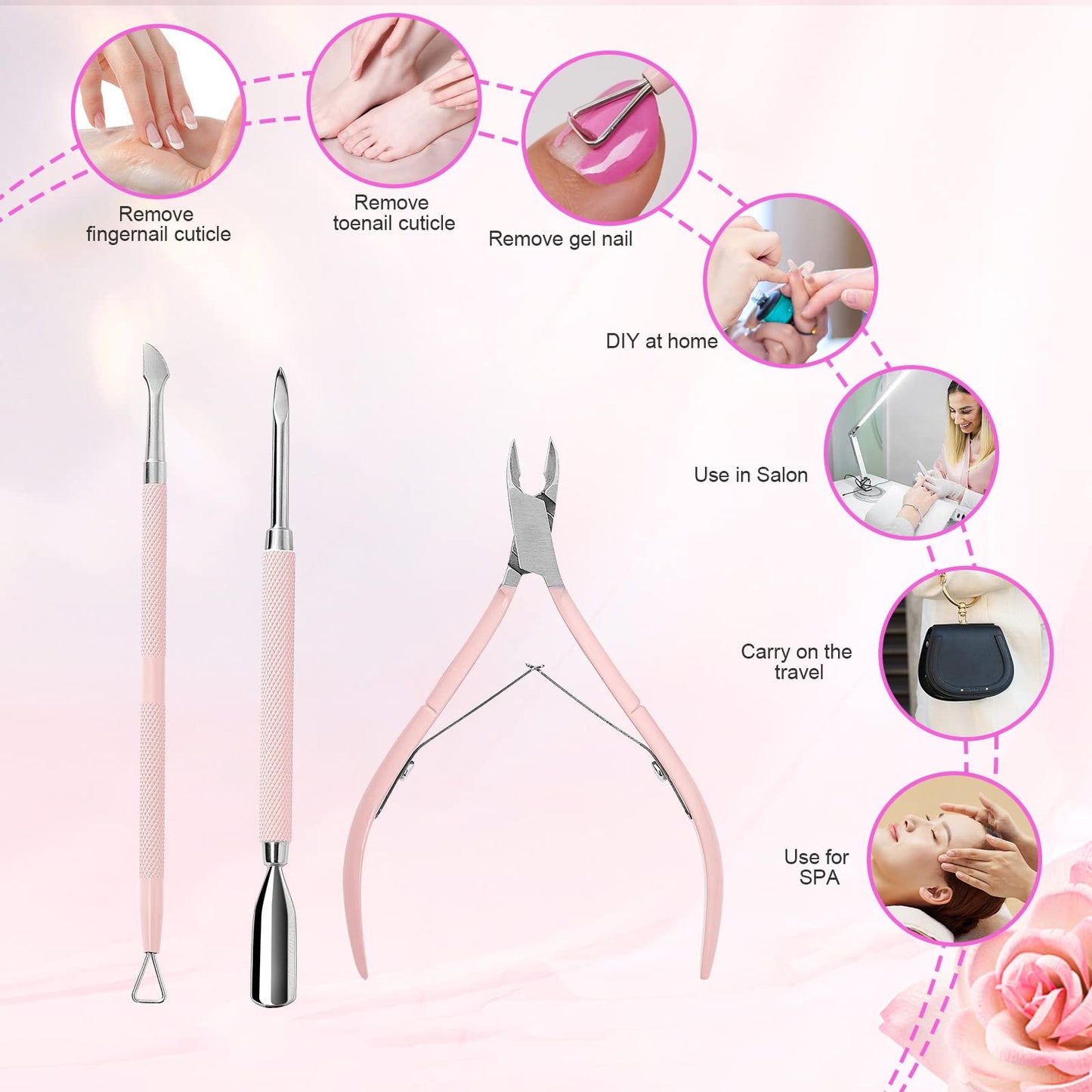 Makartt Cuticle Trimmer with Cuticle Pusher, Silver Nail Trimmer Nail Care Manicure and Pedicure Kit with Stainless Steel Cuticle Nipper and Dual End Nail Pushers for Home Salon Use (Pack of 3 PCS)