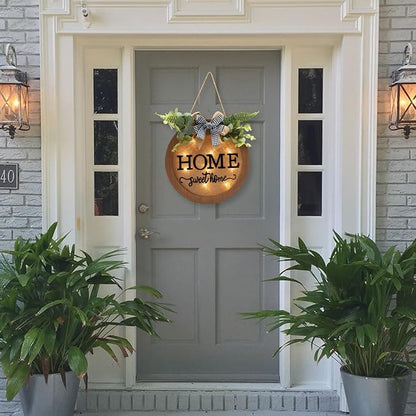 HOMCDALY Welcome Sign for Front Door, Door Wreaths for Front Door Outside, Farmhouse Welcome Wooden Door Hanger, Rustic Wall Door Sign, Seasonal Home Decorations (F-Brown)