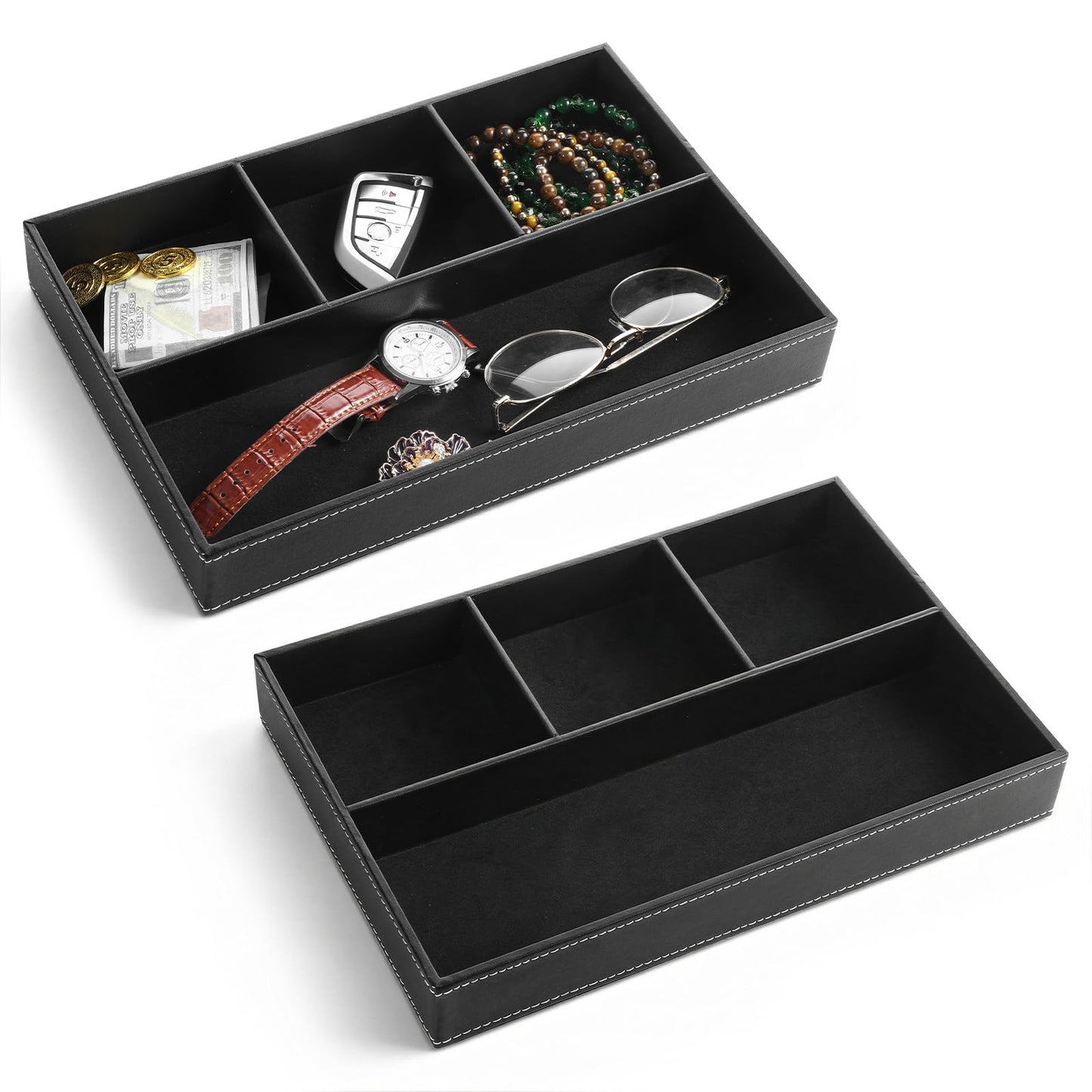 kenaeooe 2-Piece Faux Leather Valet Tray Set, Drawer Storage Organizer Divider for Desk, Nightstand, Jewelry, Keys, Wallet, Sunglasses, Phone, Watch - Black