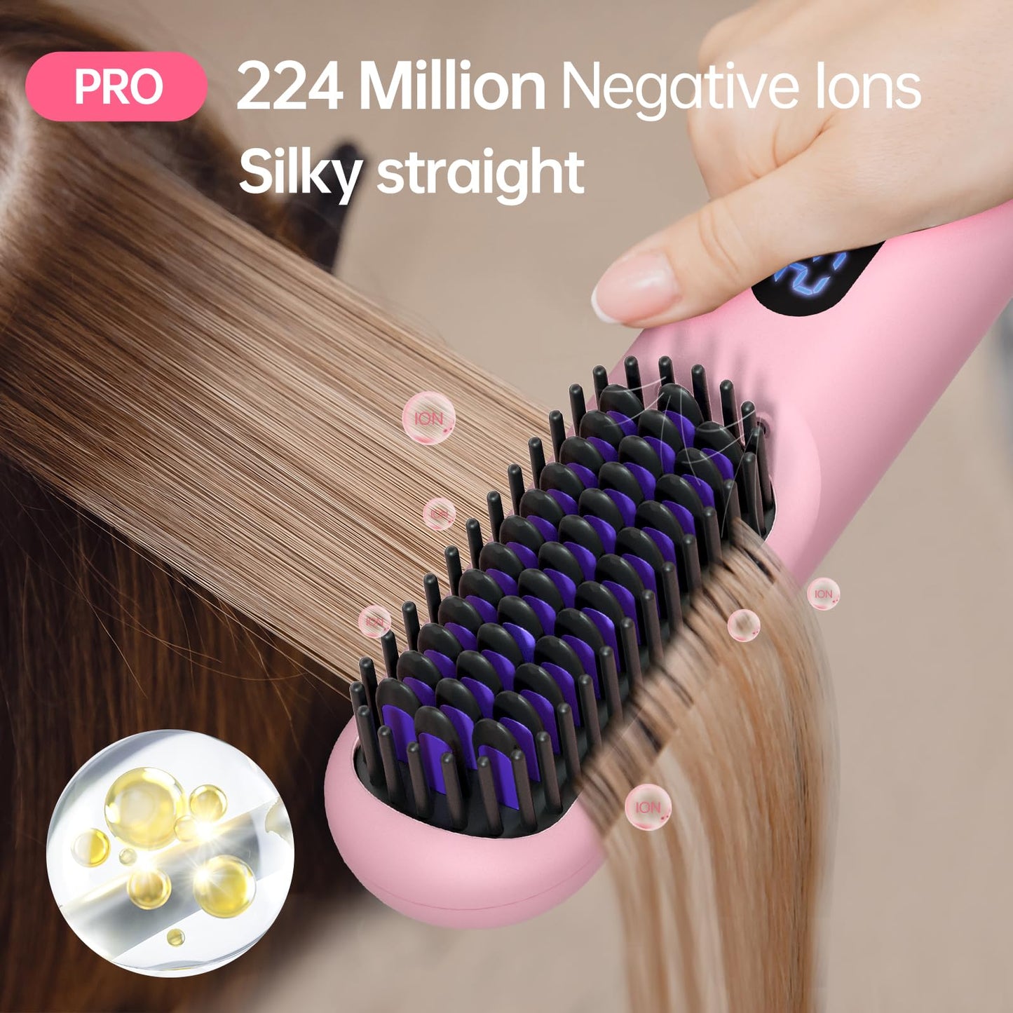 Cordless Hair Straightener Brush-Portable Straightening Comb, 9600mAh Batt, Plasma Tech, 9 Temp-Settings & LED Display, for Travel & Home(Pink)