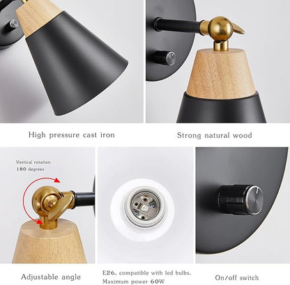 Wall Sconce Set of 2, Wall Sconce Lighting Fixture with Metal Shade, Rotary Switch, Indoor Decor Wall Mount Swing Arm Lamp for Bedroom,Hallway,Living Room,Reading, Black