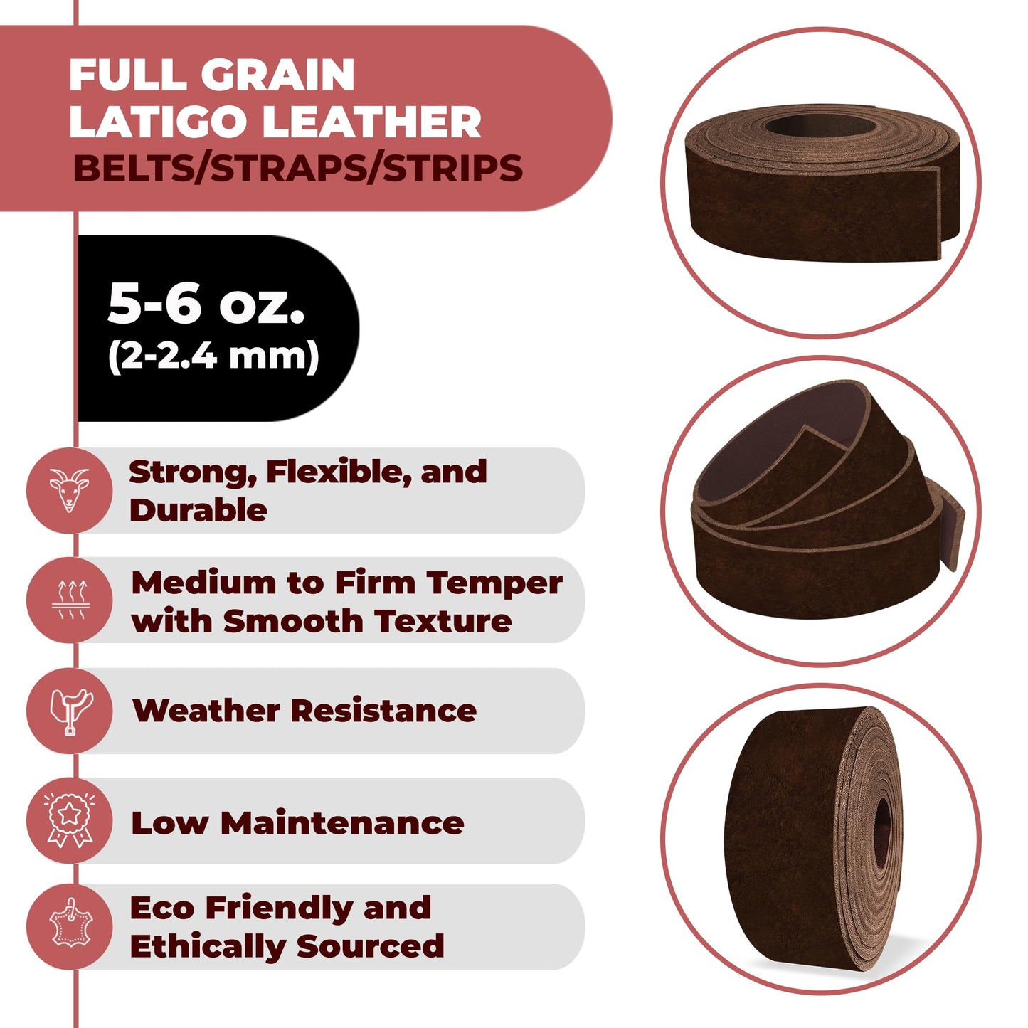 ELW 5-6 oz (2-2.4mm) Latigo Leather Belt Grade Straps | Size: 1.5"x50" (3.8x127cm) | Brown | Full Grain Cowhide, Heavy Duty Holsters, Sheathes, Harness, Saddle, Guitar Straps, Crafts