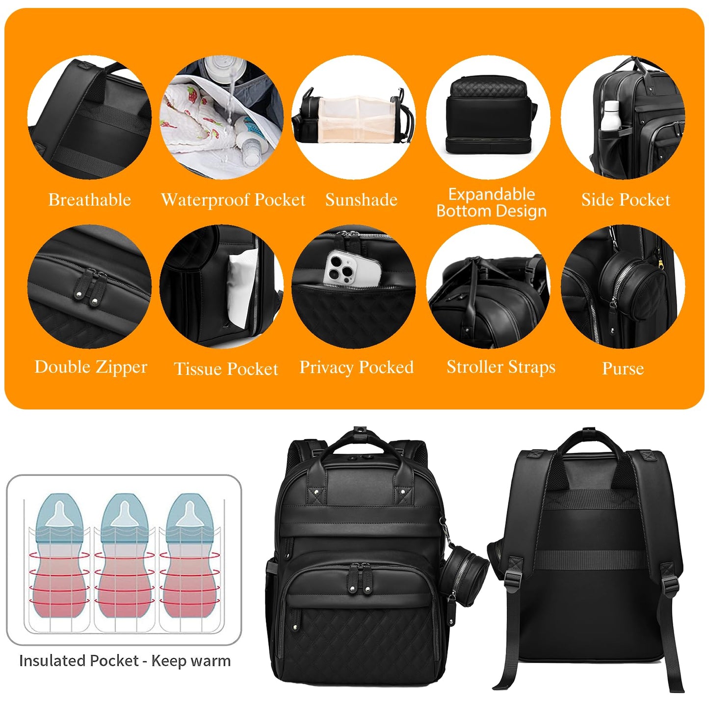 Astro alan Baby Diaper Bag Backpack with Changing Station, Waterproof Large Capacity Diaper Bag for Moms and Dads, Plant-Based Leather with USB Charging Port, Baby Gift for New Parents, Black