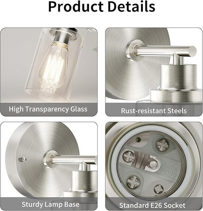 Brushed Nickel Wall Light: LED Wall Sconces Indoor, Modern Sconces Wall Lighting with E26 Base and Clear Glass Shade, Wall Light Fixtures for Bedroom, Hallway, Mirror, Living Room
