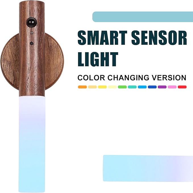 LANDGOO Modern Wood Wall Sconce with Motion Sensor & RGB LED Lights, Wireless Battery Operated Indoor Lighting for Living Room/Kitchen Décor