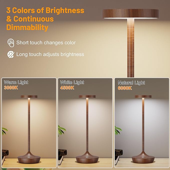 Cordless Table Lamp Rechargeable - 6000mAh LED Battery Operated Table Light - Portable Touch Dimmable Outdoor Waterproof Table Lamps for Patio Bar Restaurant Dining (2 Woodgrain)