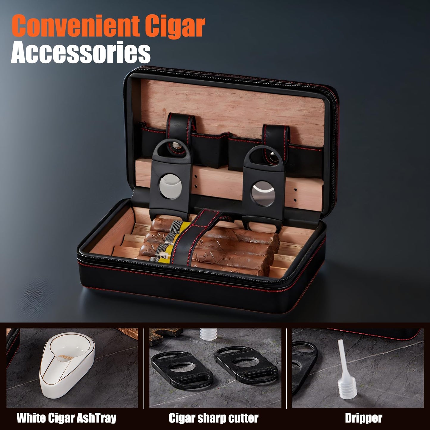 Cigar Case,Travel Humidor,4 Pack Black Cedar Wood Leather Case with Cigar Cutter,Humidifier,Ashtray and Towel for Men Home and Travel,Desktop Large Electric Cabinet,Holder Box Accessories as Gift