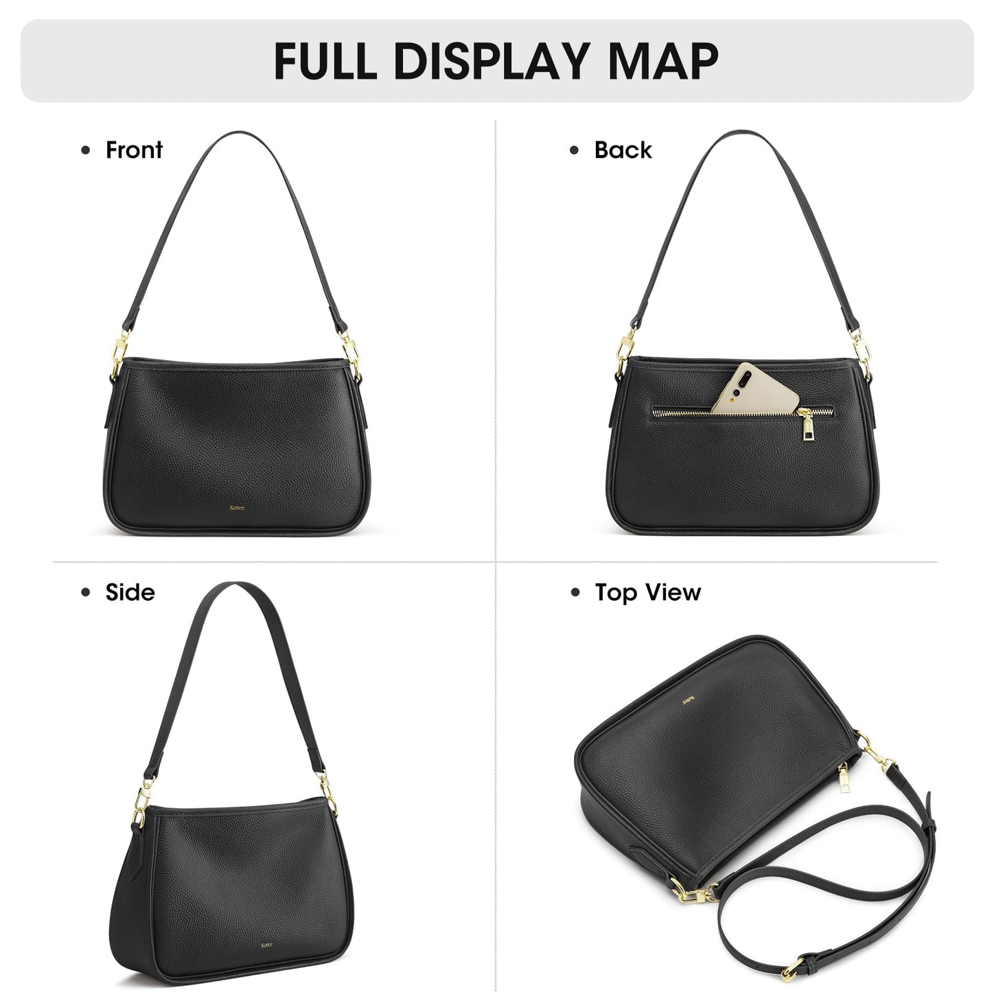 Kattee Shoulder Purse for Women, Medium Leather Black Crossbody Bags Trendy, Clutch Hanbags Purses, Small Hobo Bags with 2 Removable Straps