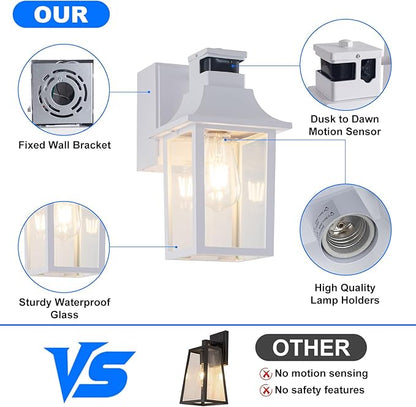 Porch Light with GFCI Outlet Dusk to Dawn Motion Sensor Outdoor Light 3 Light Modes Exterior Light Fixture Waterproof Outside Wall Light for House Patio Garage（White）