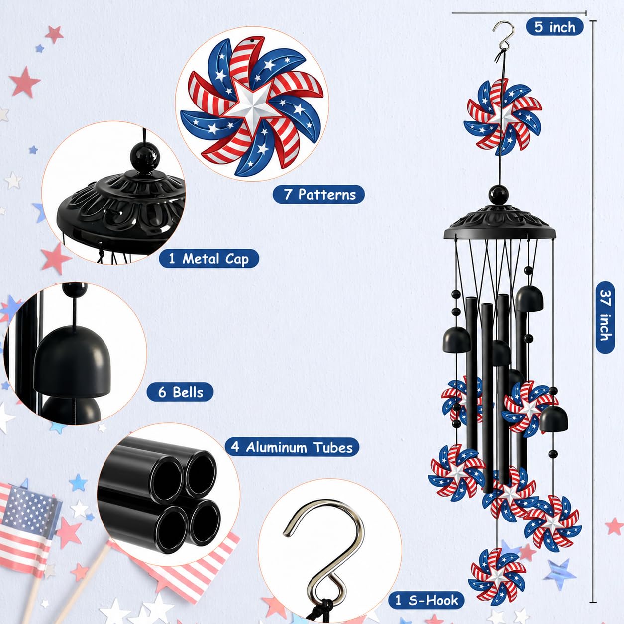 Patriotic Wind Chimes for Outside, Red White Blue American Flag Wind Chime with Stars and Bells, Outdoor Wind Chimes for Garden Decor, Porch Patio Yard Balcony Home Decor