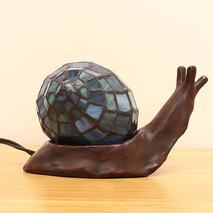 Tiffany Style Blue Snail Accent Table Lamp Handmade Stained Glass Shade Night Light for Kids with 3 Color Temperatures LED Bulb - Ideal Gift for Home Decor(8" D x 5" W x 5" H)
