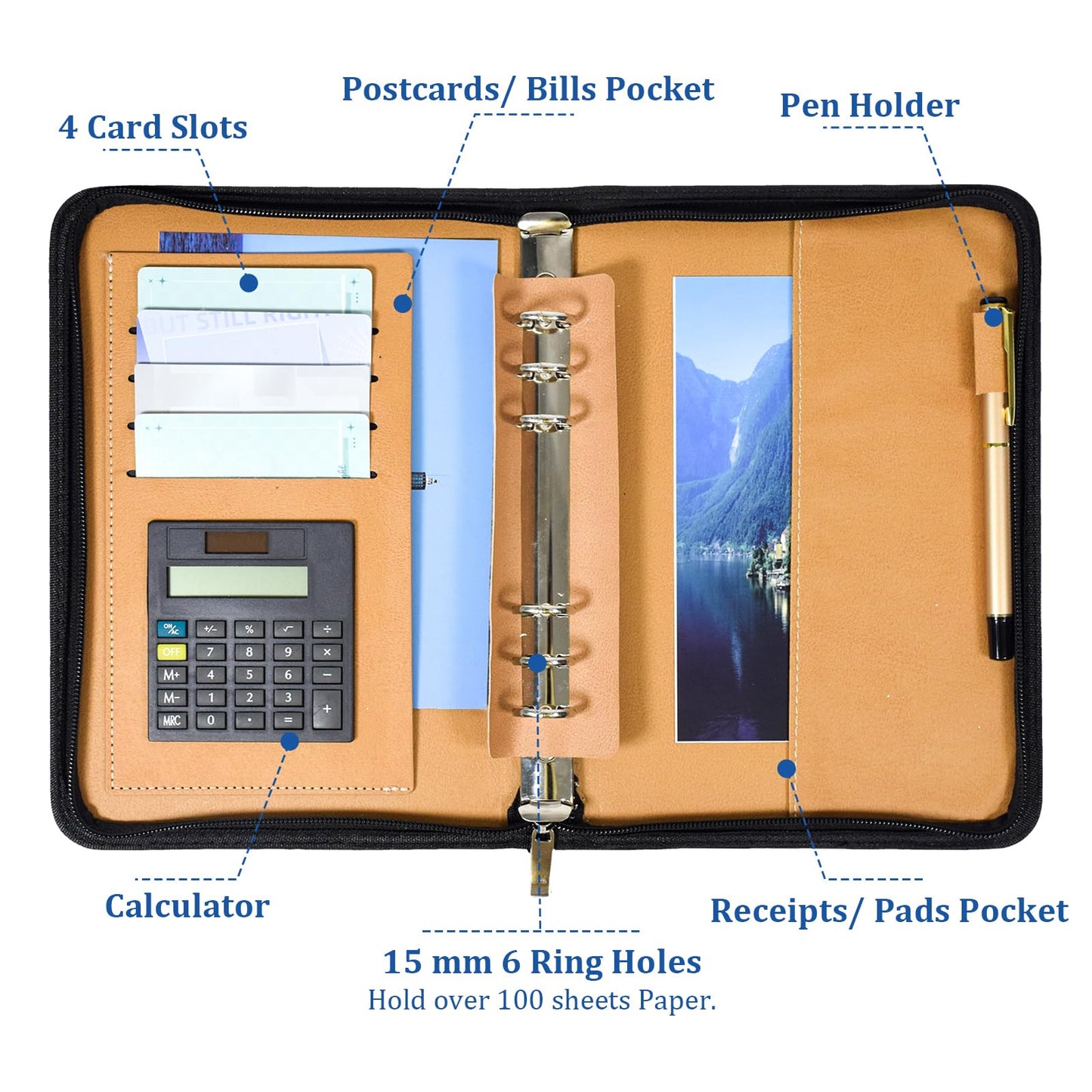 SAYEEC Executive Conference Folder A5 Zipped Portfolio Binder Faux Leather Padfolio Refillable Business Notebook Organizer with Calculator Loose Leaf Paper Gift for Man Women