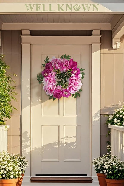 WELL KNOWN Spring Wreaths for Front Door, Peony Wreath for Front Door, Porch Outside Indoor, Wall Window Farmhouse Party Holiday Home Decor(Fuchsia)