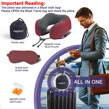 napfun Neck Pillow for Traveling, Upgraded Travel Neck Pillow for Airplane 100% Pure Memory Foam Travel Pillow for Flight Headrest Sleep, Portable Plane Accessories, Light Grey