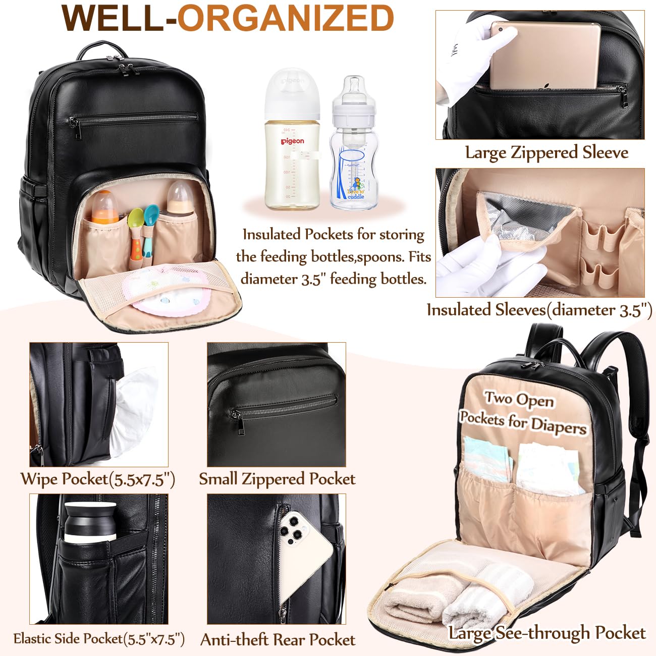 VASCHY Diaper Bag Backpack for Mum Dad, Unisex Large Waterproof Vegan Leather Baby Bag with Changing Pad,Insulated Pockets,Padded Laptop Sleeve for Travel,Black
