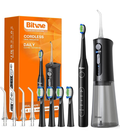 Bitvae Water Dental Flosser Teeth Picks, Cordless Water Flosser for Teeth, Braces, Dental Care and Rechargeable Rotary Electric Toothbrush Combo Set, 4 Tips, 4 Brush Heads, Waterproof, Black, C5+R1