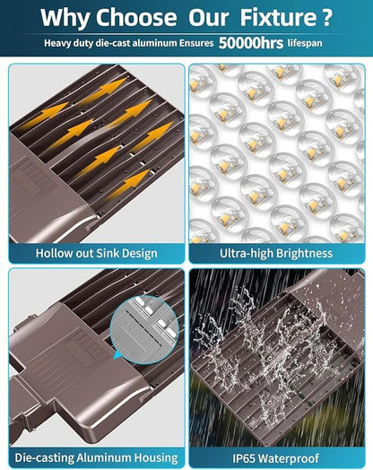 4PCS LED Parking Lot Lights 320W 250W 200W, LED Shoebox Light 5700K 5000K 4500K Arm&Slip Fitter Mount, DLC Listed Outdoor Pole Light with Photocell, IP65 Commercial Street Area Flood Lighting 100-277V